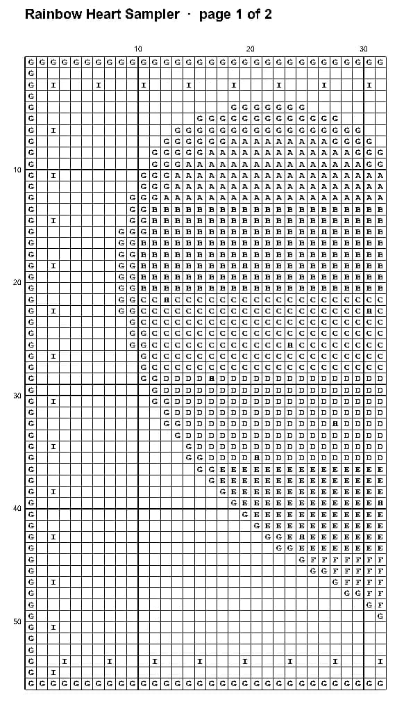 Page 1 of a two-page cross stitch PDF chart: a grid of letter symbols with row and column numbers