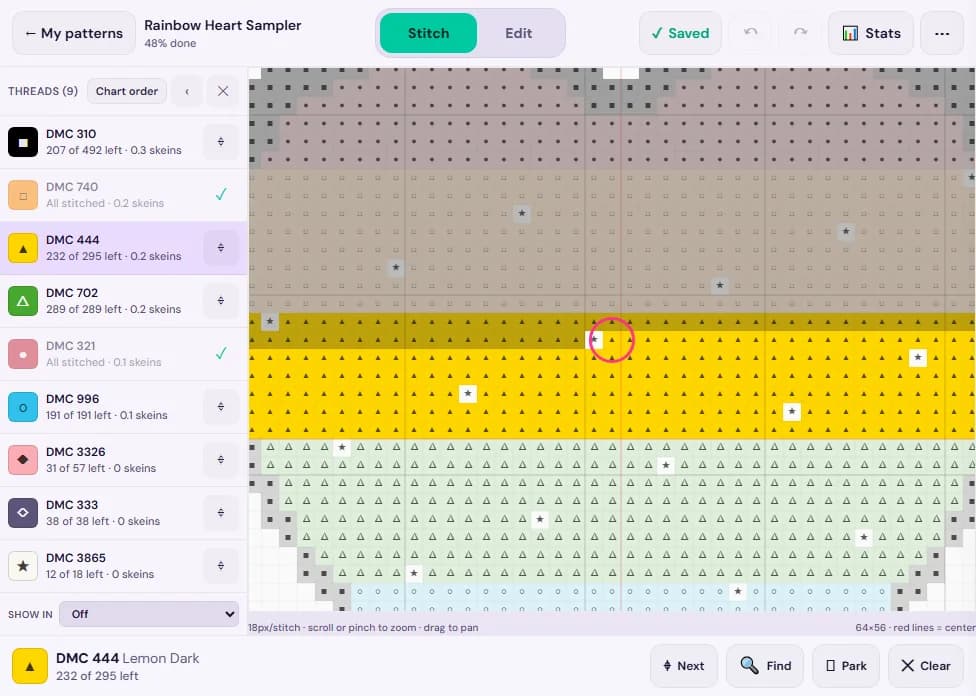 The StitchThis progress tracker in Stitch mode: a rainbow heart chart with DMC 444 highlighted, 232 of 295 stitches left, and Next, Find and Park buttons