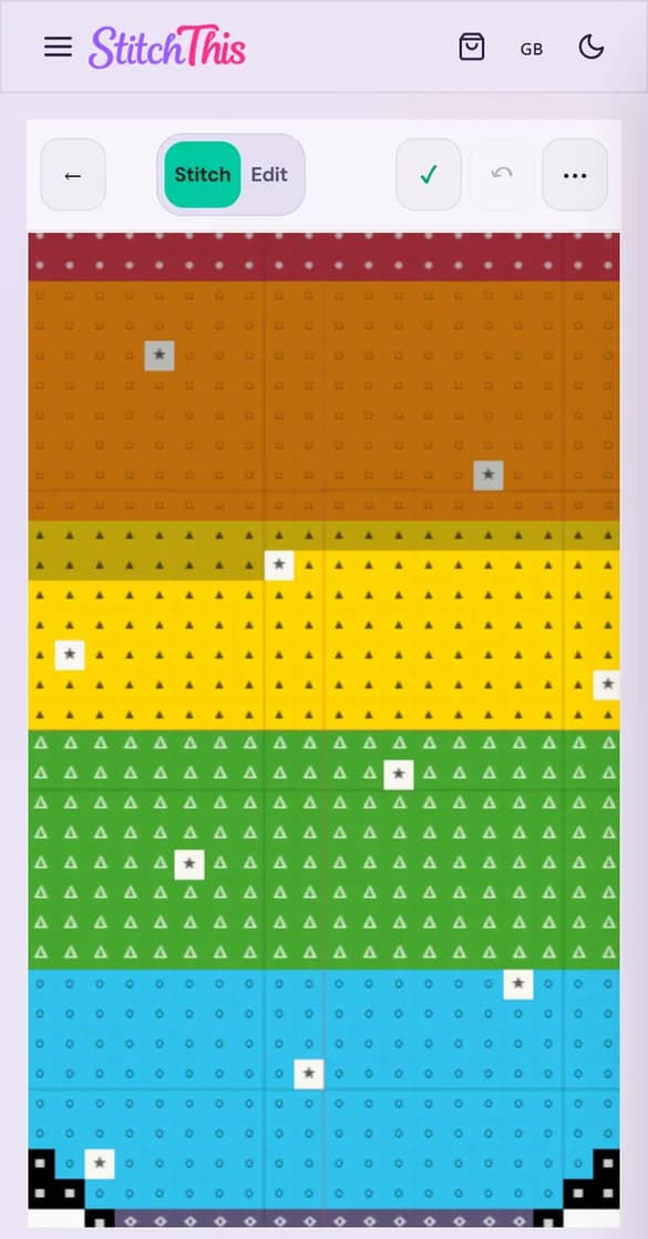 The same chart imported into StitchThis and open on a phone in Stitch mode, showing the color bands with their symbols