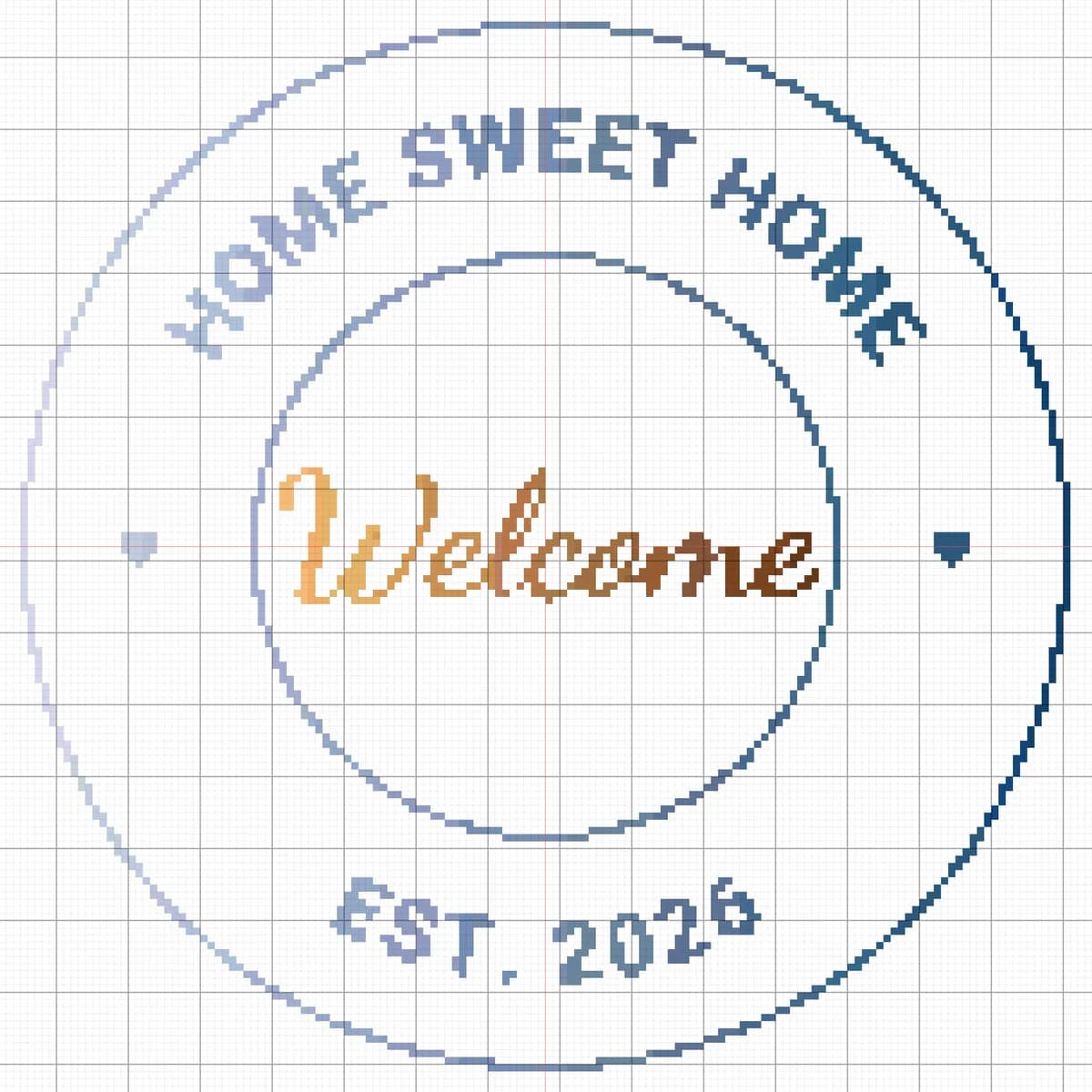 O insignă rotundă cu Home Sweet Home sus și Est. 2026 jos, în degradeu de la bleu la bleumarin, cu inimioare pe laterale, chenare în interior și în exterior, iar la mijloc Welcome scris de mână, de la auriu la maro