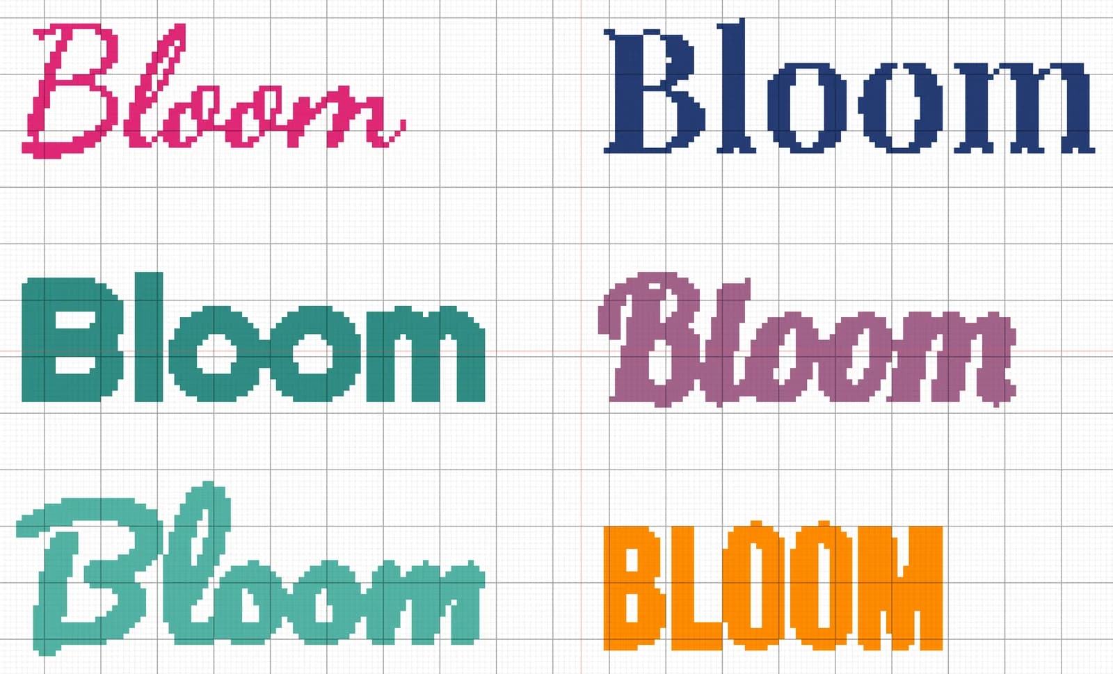 Cuvântul Bloom brodat în șase fonturi: Dancing Script, Playfair Display, Righteous, Lobster, Pacifico și Bebas Neue