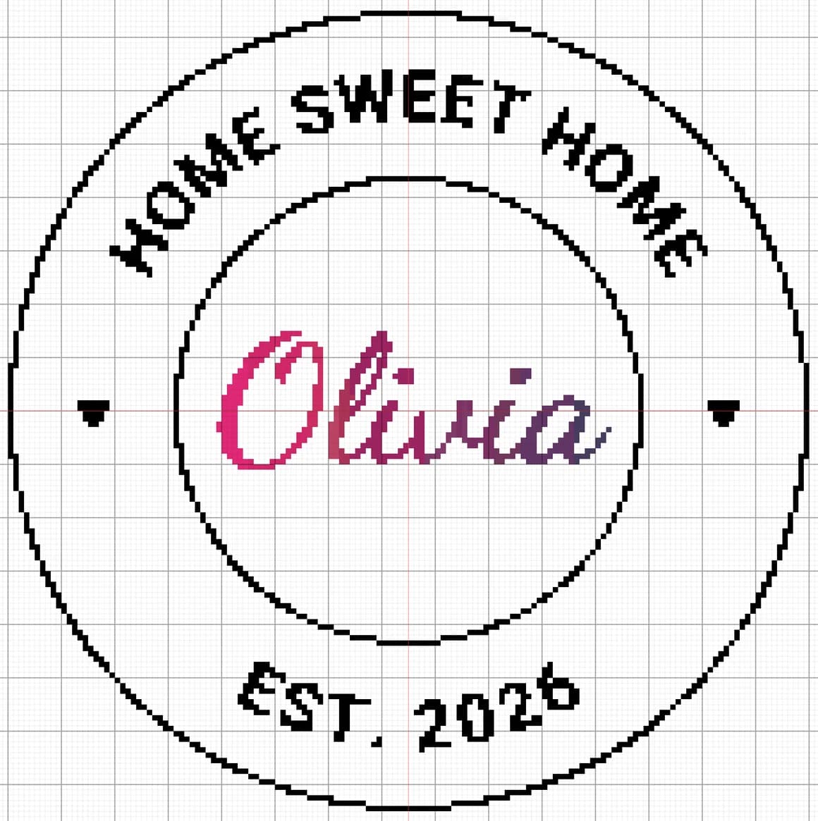 Un design brodat făcut în StitchThis: o insignă rotundă cu textul Home Sweet Home și Est. 2026 în negru, iar la mijloc numele Olivia scris de mână, în degradeu de la roz la mov