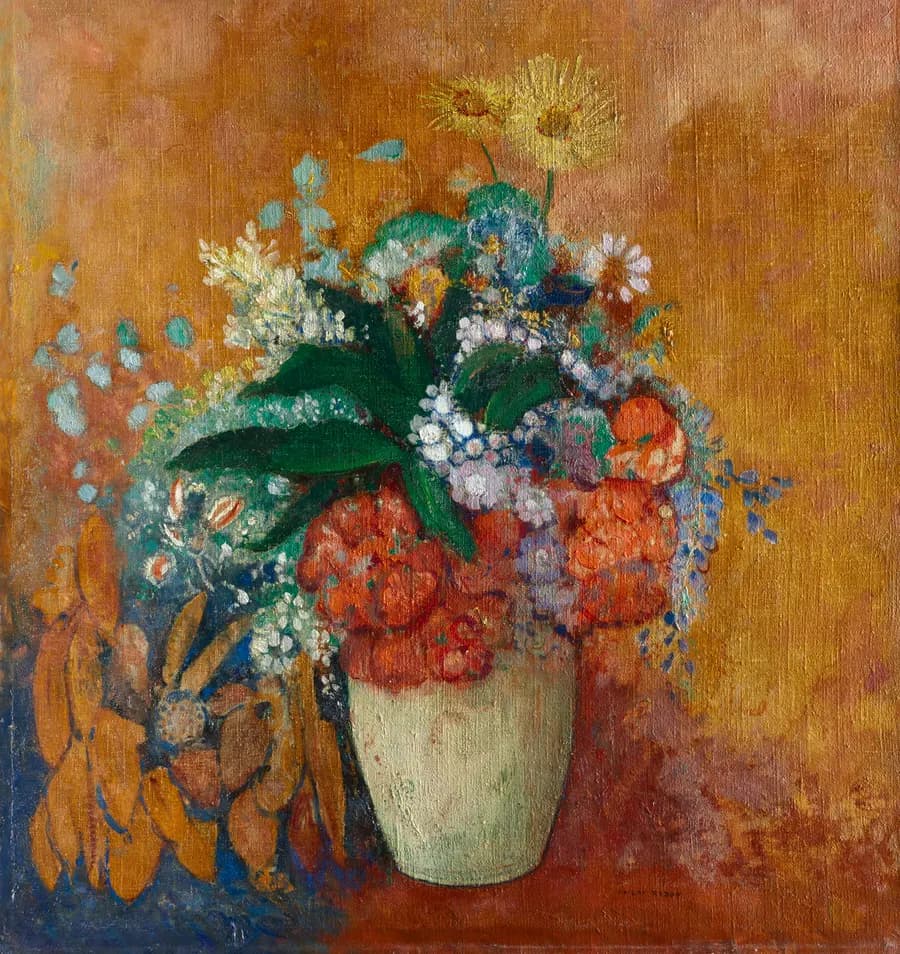 Odilon Redon, Βάζο με λουλούδια, περίπου 1905: ένα μπουκέτο σε κρεμ βάζο πάνω σε πορτοκαλί φόντο (Cleveland Museum of Art, κοινό κτήμα)